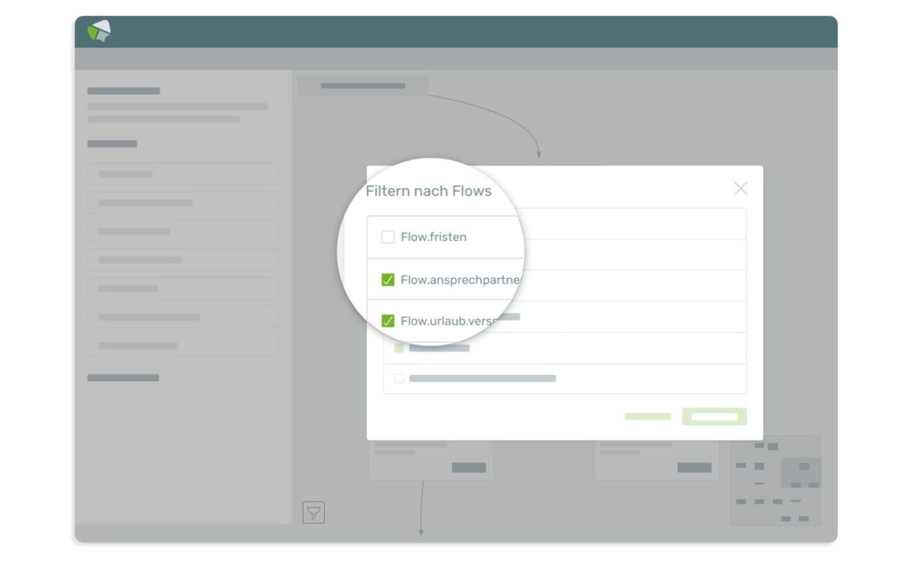 Screenshot aus der DialogBits-Plattform Filterung von Flows im Flow Builder